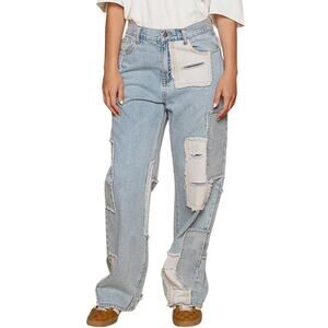 **NWT** POL- Contrast Patched Raw Hem Straight Jeans - S